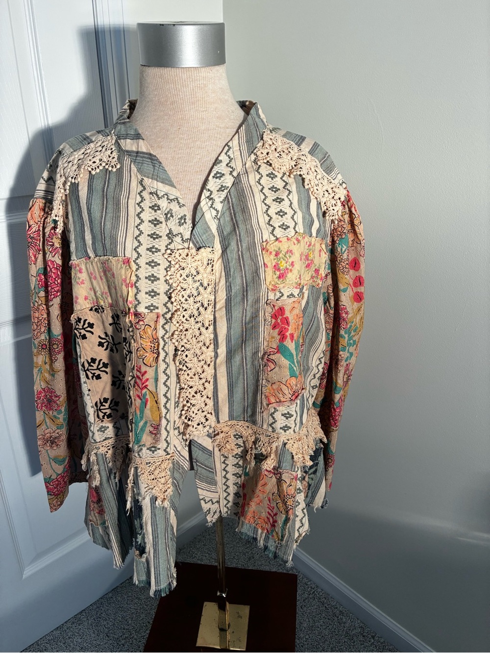 Bohemian Crochet Trim Patchwork Jacket - Multicolor